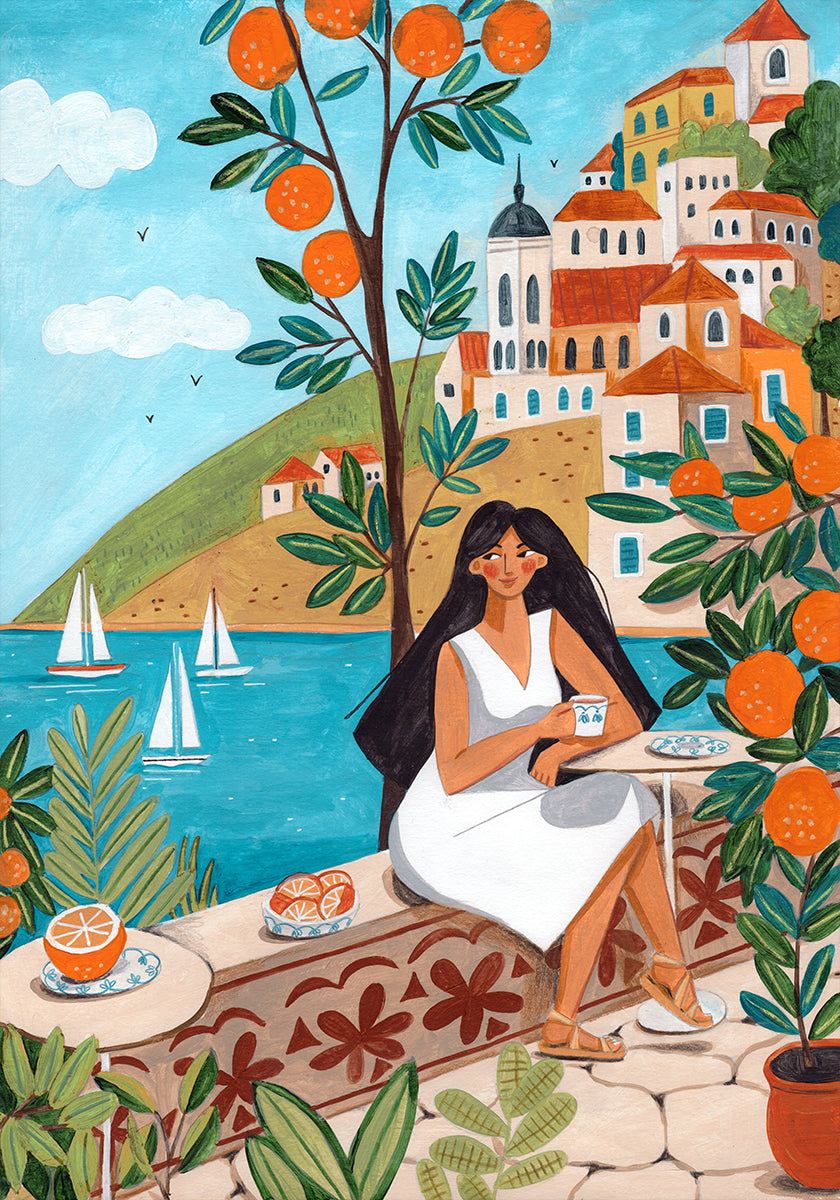 Poster di viaggio donna sulla costa mediterranea