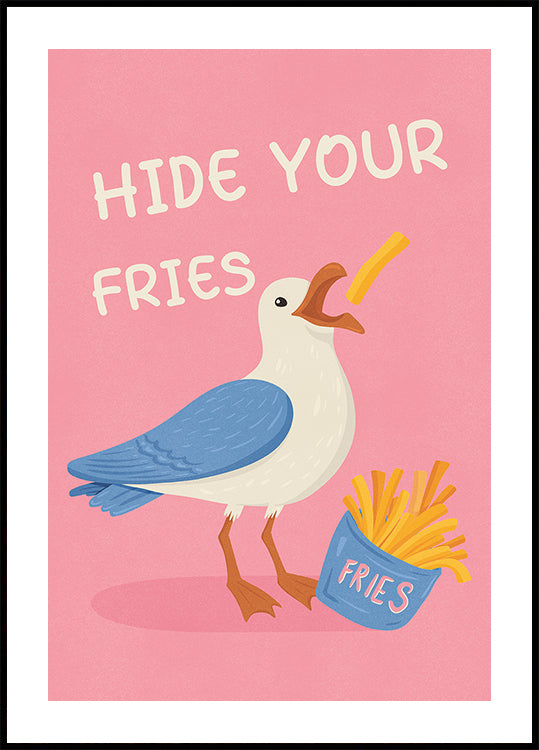 Poster illustrativo umoristico con gabbiano e patatine fritte