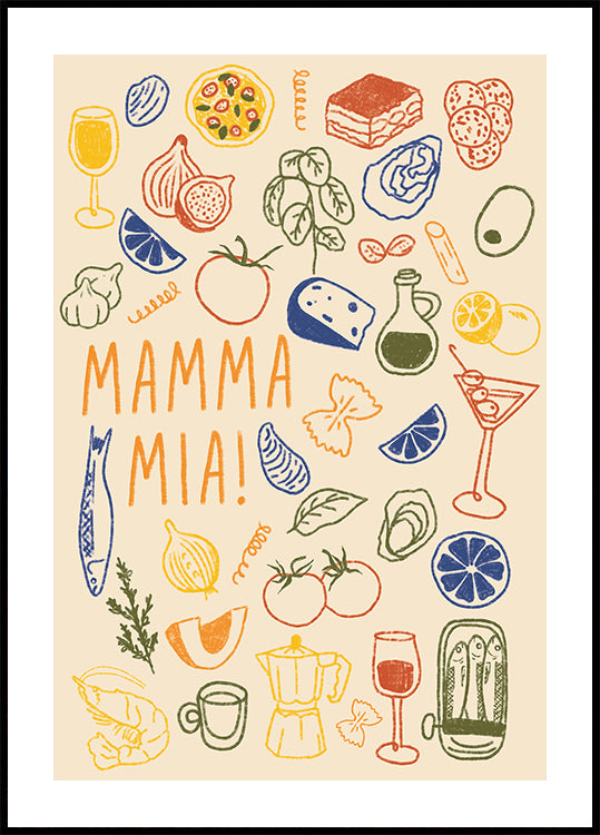 Mamma Mia!, poster di cucina italiana giocosa con illustrazioni di cibo colorato