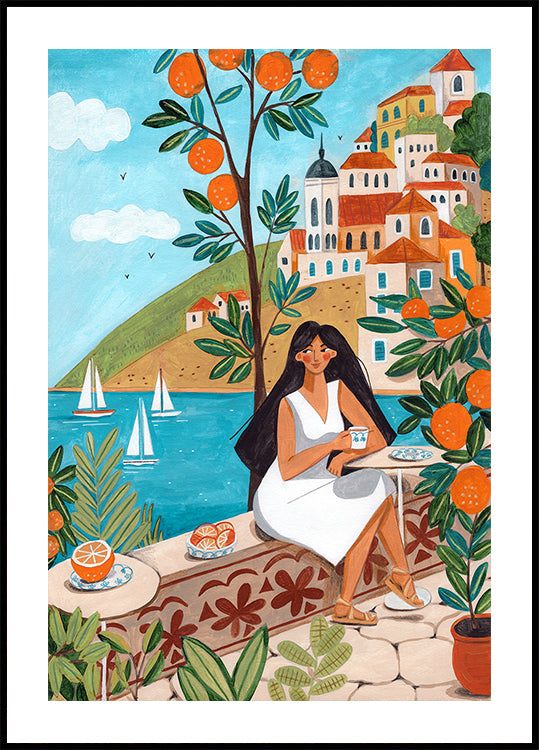 Poster di viaggio donna sulla costa mediterranea