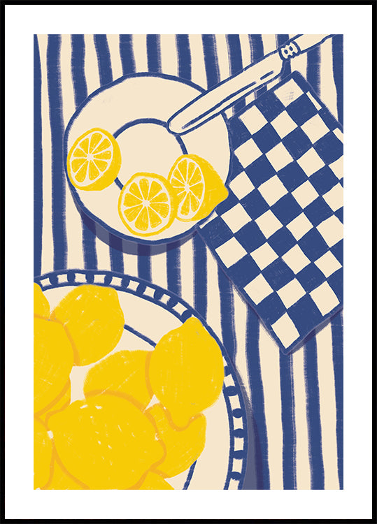 Dolcezza del limone, giocosa cucina mediterranea con poster a strisce blu