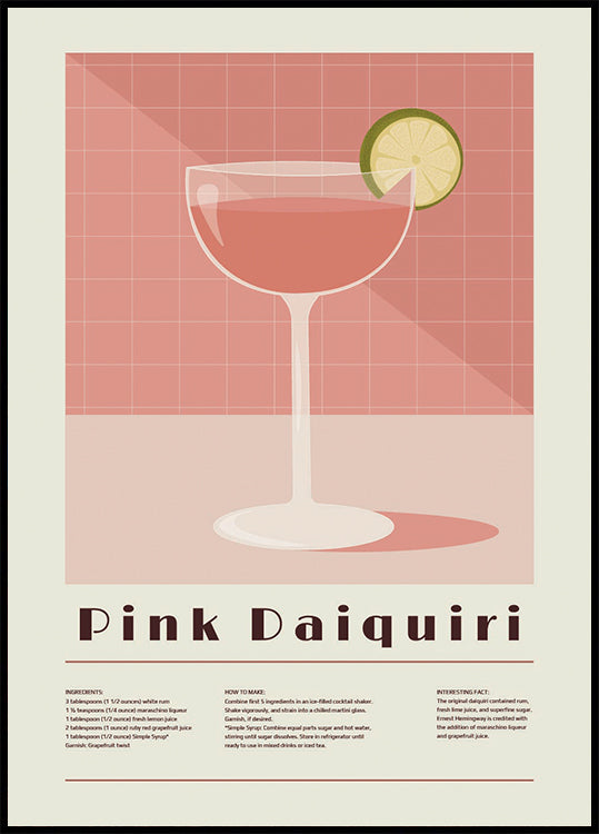 Cocktail rosa Daiquiri, poster di ricette retrò