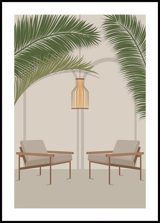 Free Your Mind 1, moderno salotto tropicale con foglie di palma e sedie
