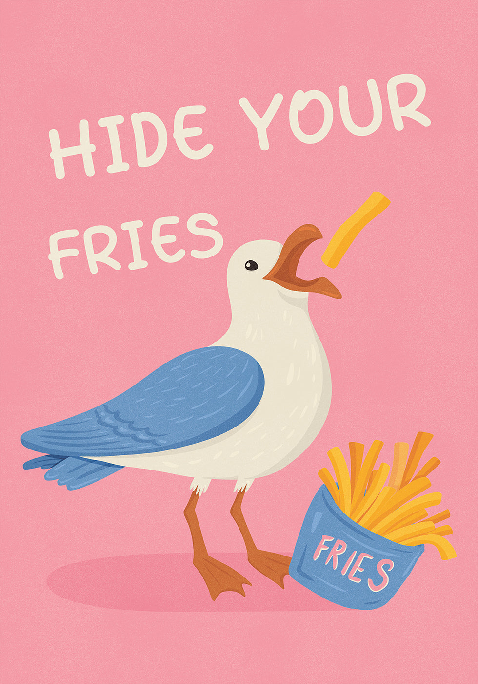 Poster illustrativo umoristico con gabbiano e patatine fritte