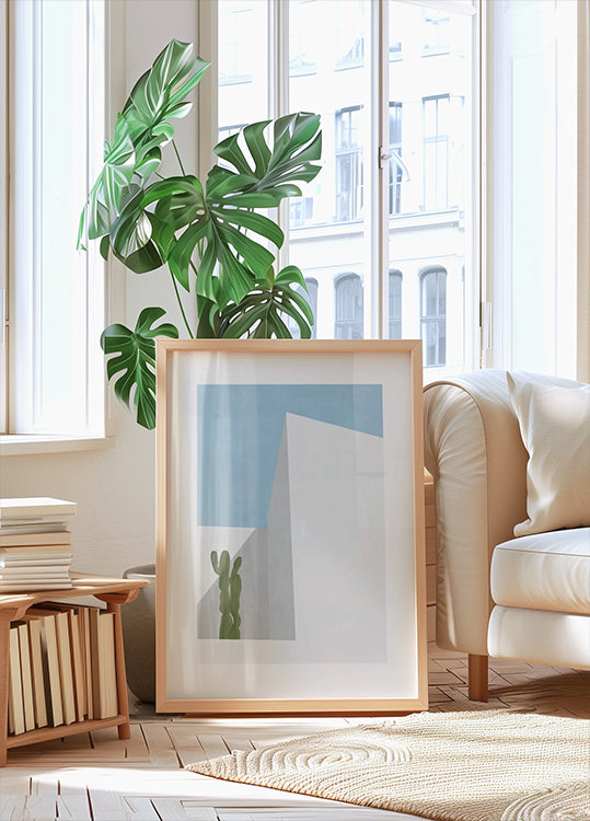 Poster minimale con vista sul deserto, cactus e geometria