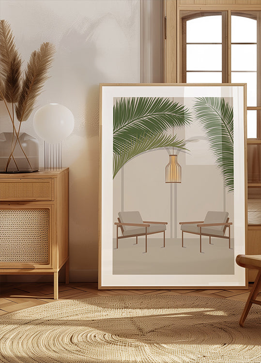 Free Your Mind 1, moderno salotto tropicale con foglie di palma e sedie