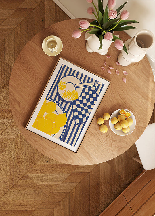 Dolcezza del limone, giocosa cucina mediterranea con poster a strisce blu