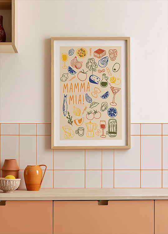 Mamma Mia!, poster di cucina italiana giocosa con illustrazioni di cibo colorato