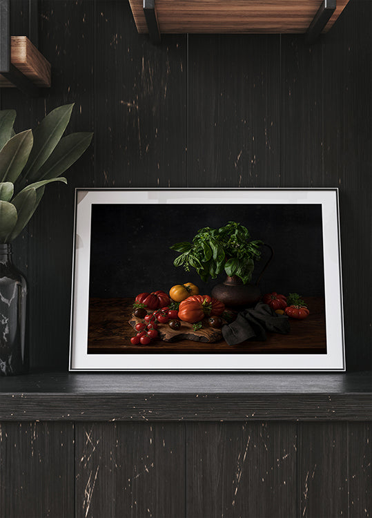 Natura morta con pomodori e basilico Poster