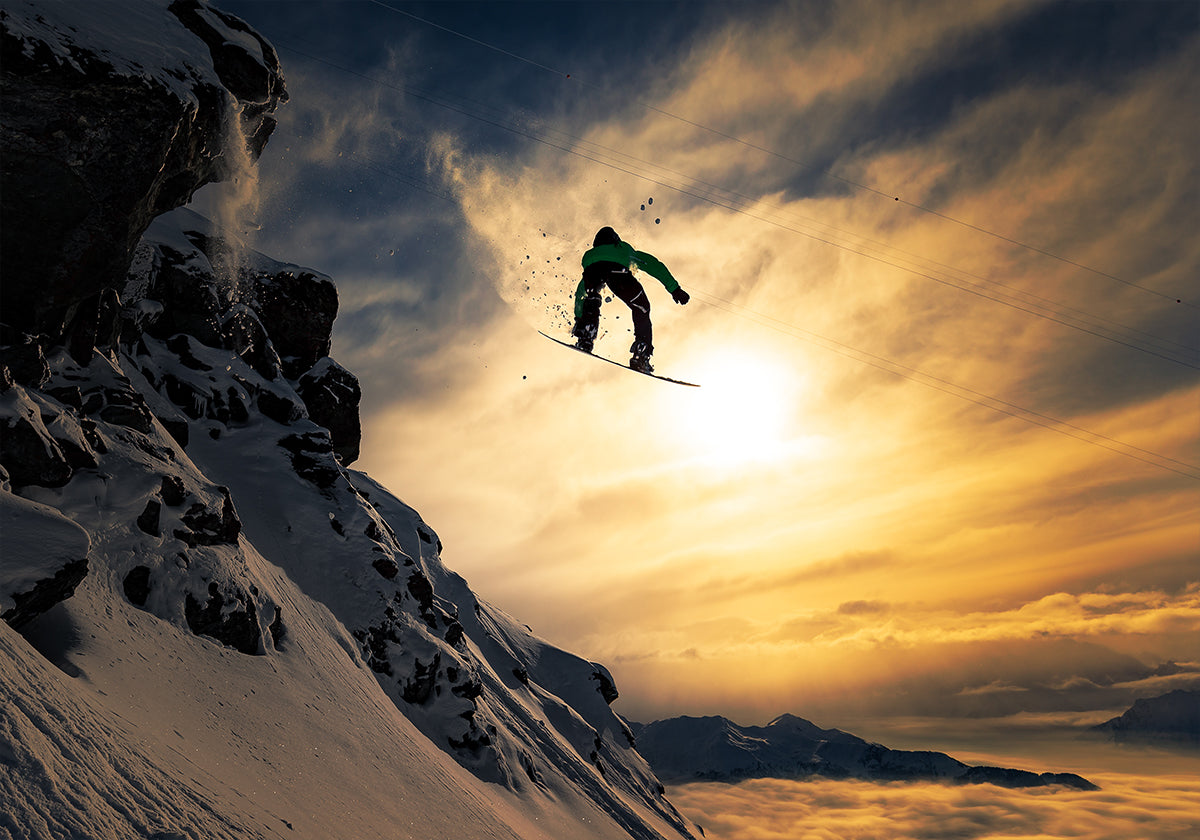 Poster di snowboard al tramonto