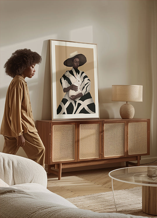 Woman In Stripes Holding a White Rabbit (NEW) - Posterbox