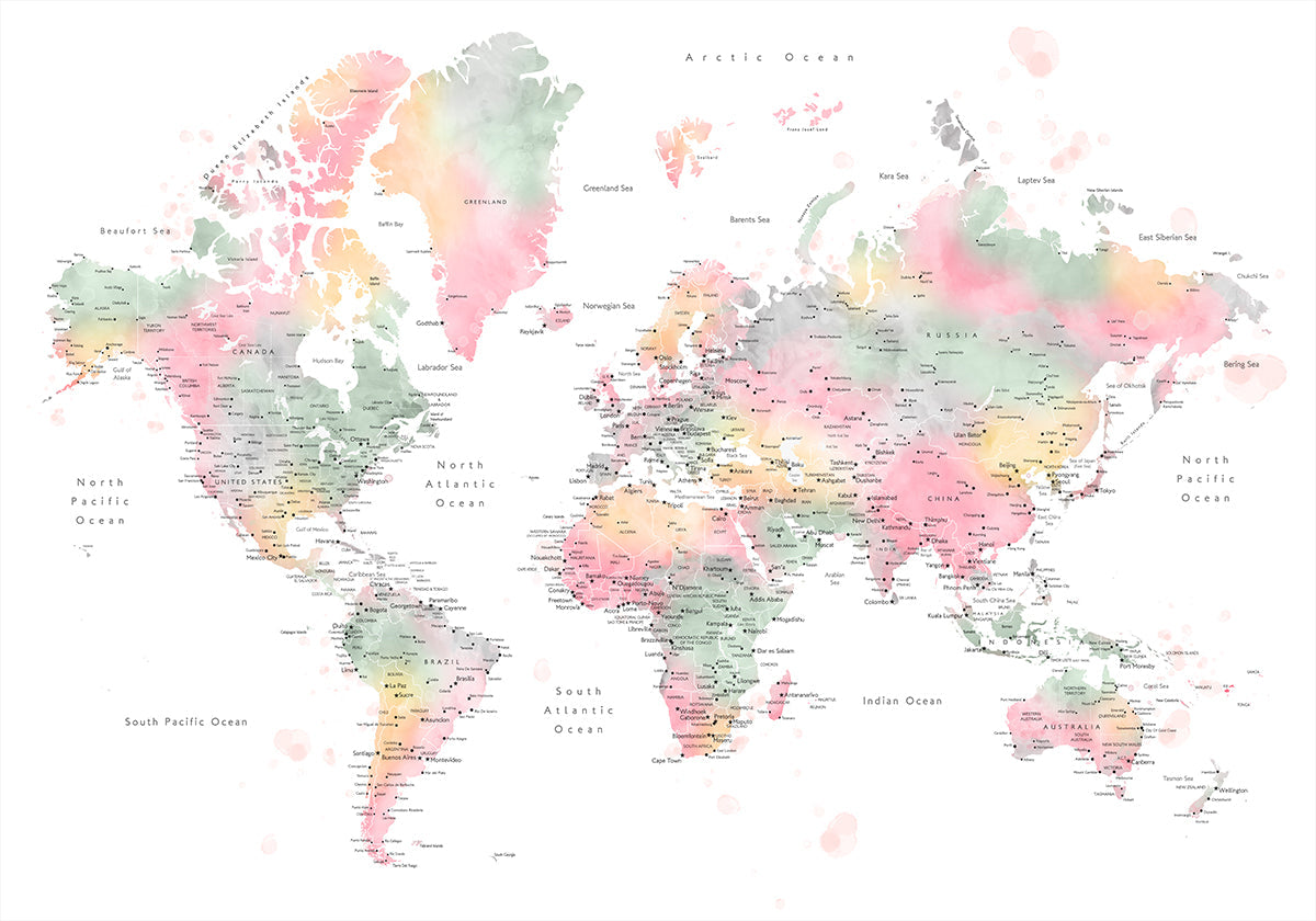 Mappa del mondo in acquerello pastello con città, Anjah