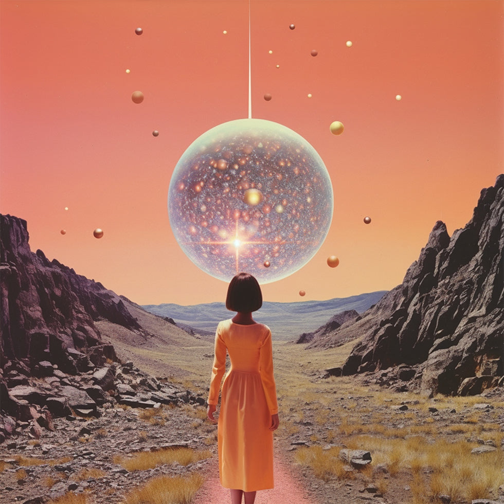 Un poster artistico con collage di discoteca spaziale