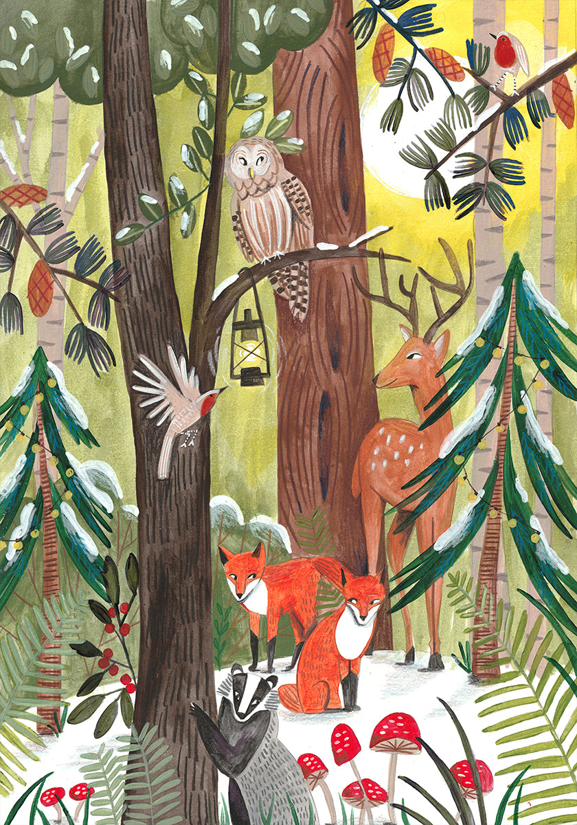 Poster di foresta verde di Natale con animali