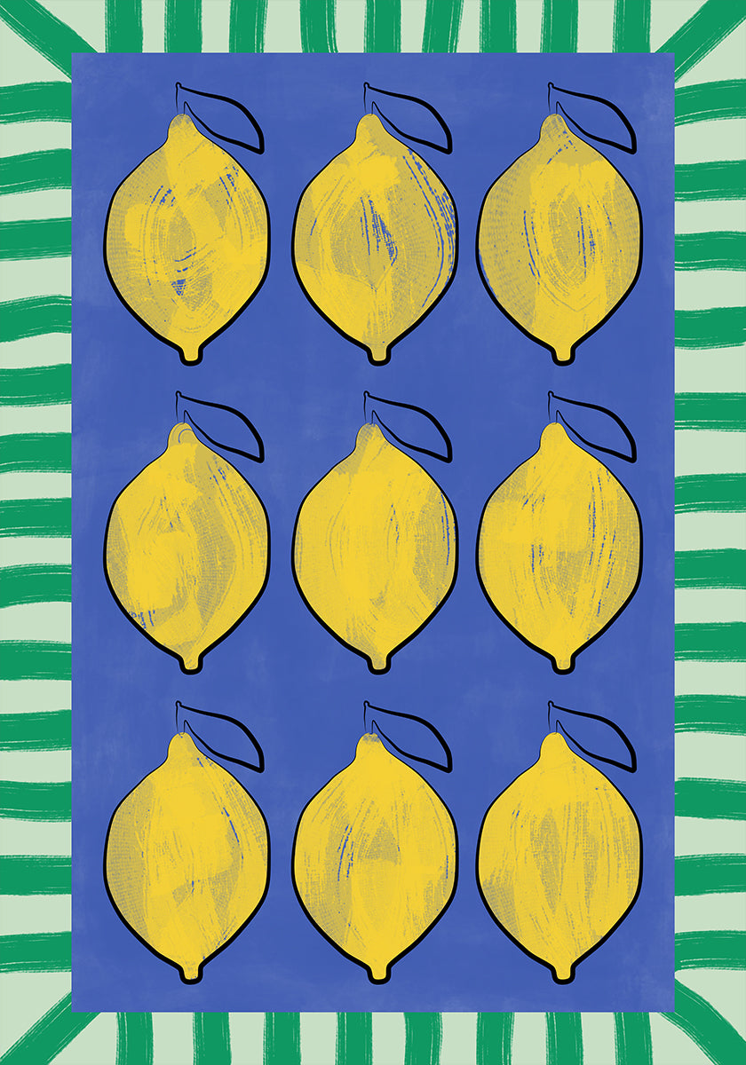 Limoni gialli vibranti su un poster blu intenso