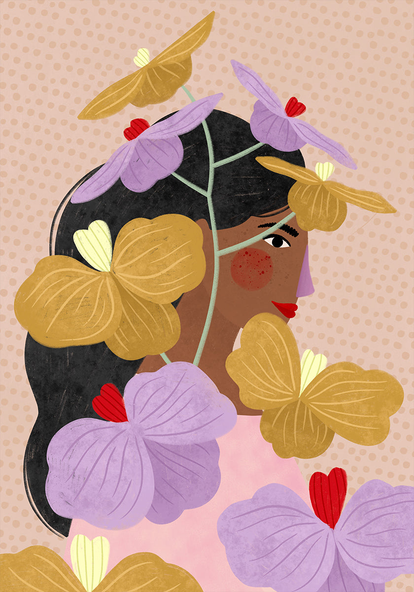 Nascosto dietro il poster di fiori gialli viola