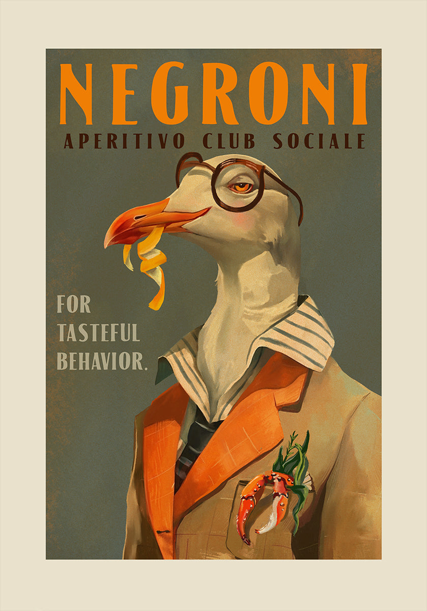 Poster vintage Art Deco Negroni di un gabbiano fantasia