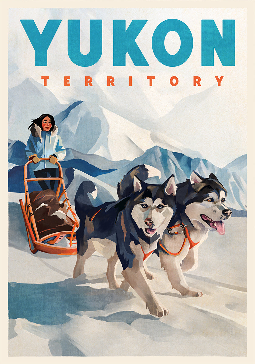 Poster di viaggio con slitta trainata da cani nel territorio dello Yukon