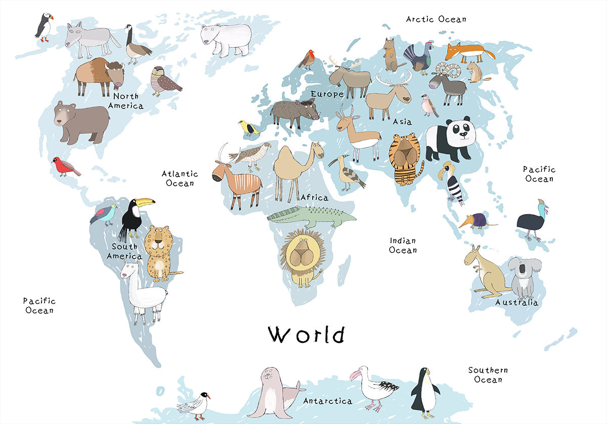Mappa del mondo illustrata con poster di simpatici animali