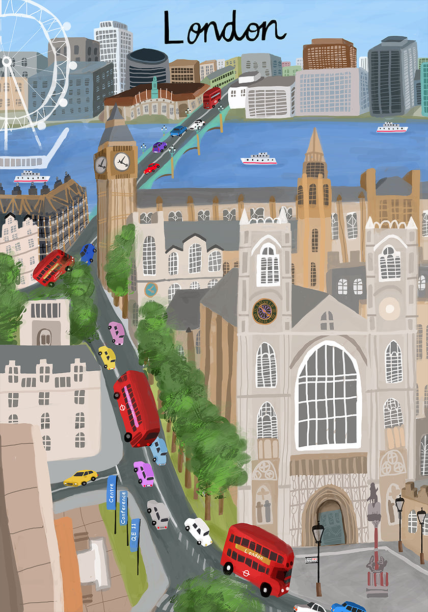 Poster della città di Londra con vista sul Tamigi e sul Big Ben dell'artista Carla Daly