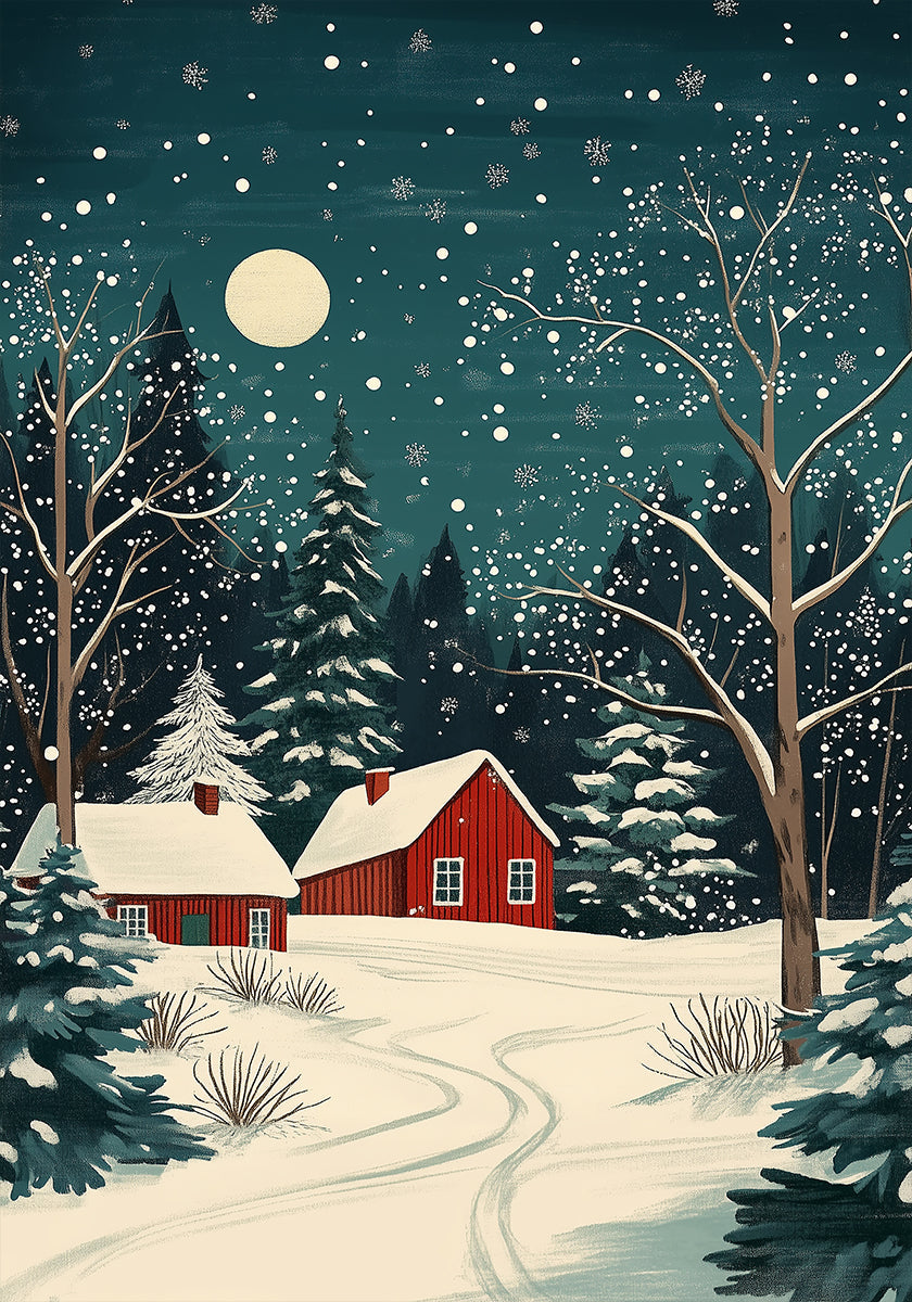 Red Houses and Snowy night sky Plakat