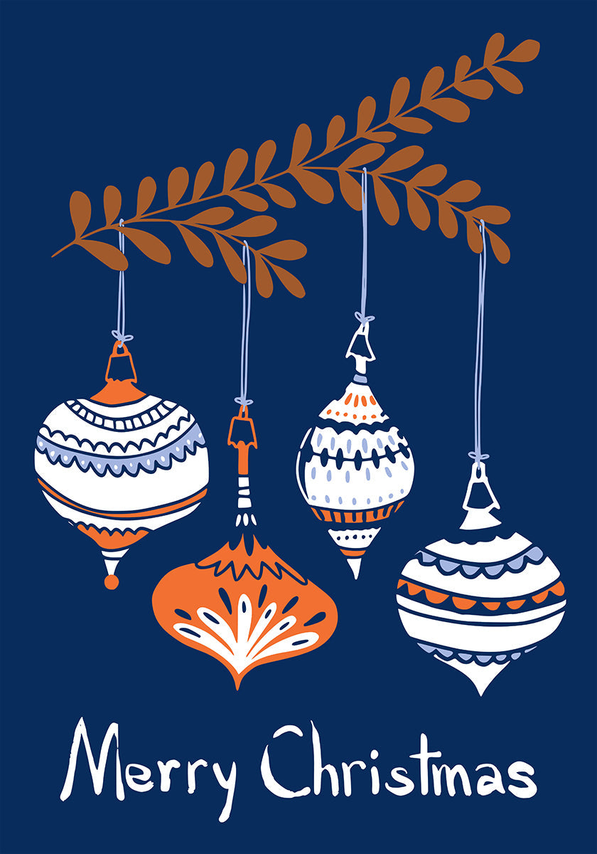Poster blu con allegre palline di Natale