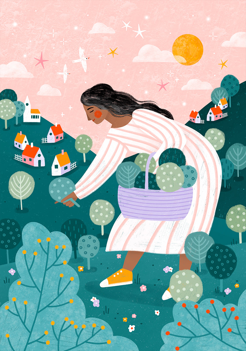 Una donna che raccoglie alberi