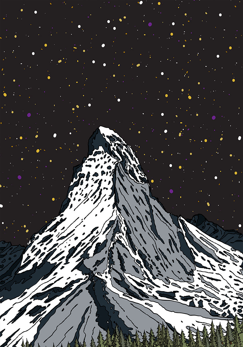 Poster Montagna innevata sotto un cielo notturno stellato