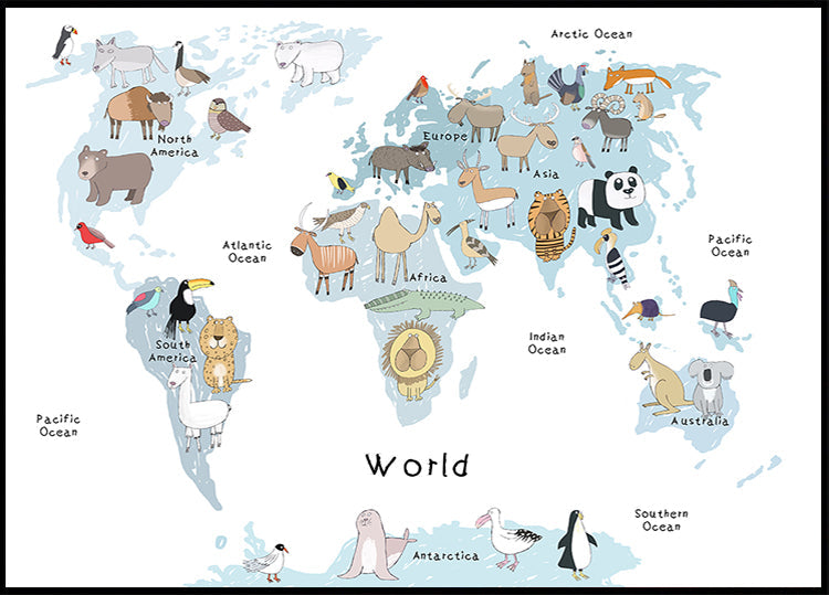 Mappa del mondo illustrata con poster di simpatici animali