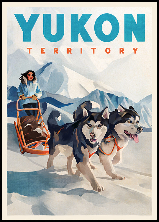 Poster di viaggio con slitta trainata da cani nel territorio dello Yukon