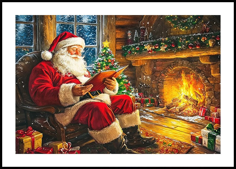 Poster di Babbo Natale che legge davanti al camino