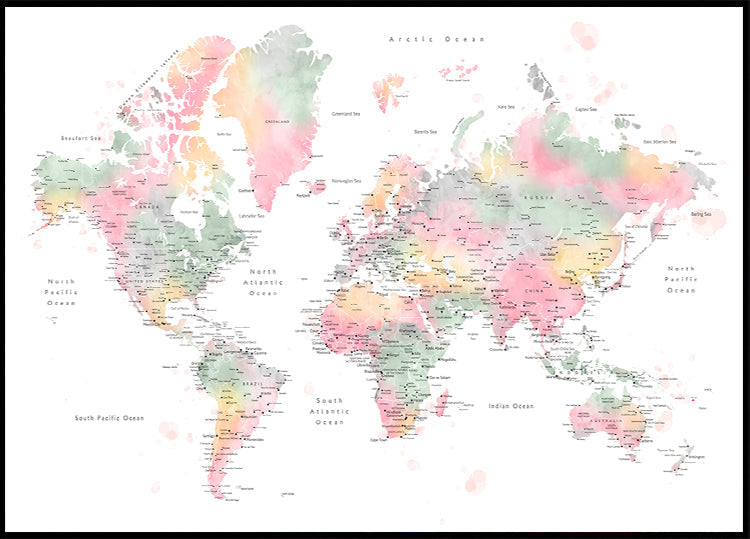 Mappa del mondo in acquerello pastello con città, Anjah