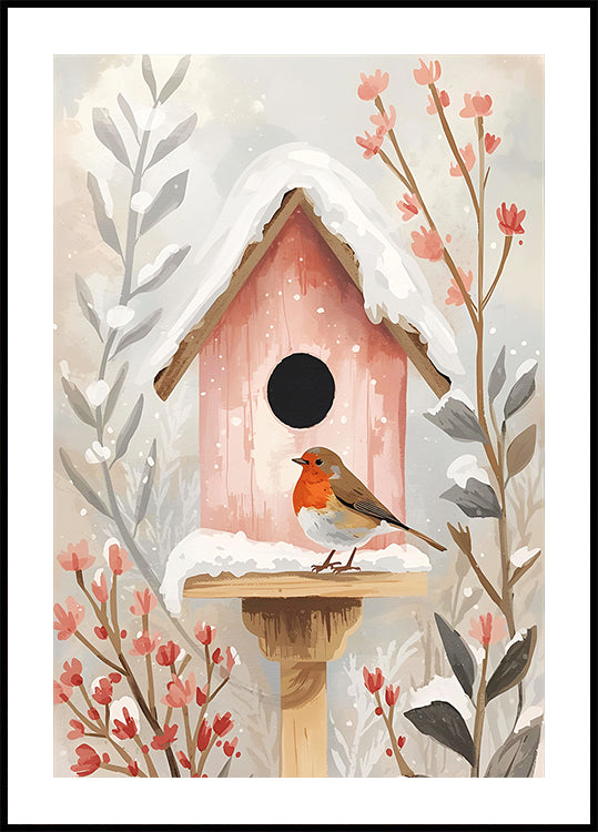 Vogelhaus mit Rotkehlchen und Pflanzen Poster