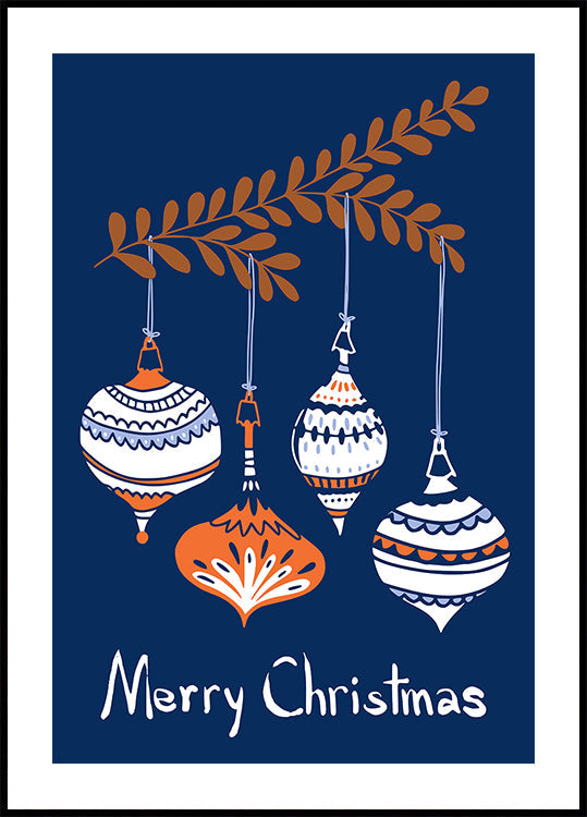 Poster blu con allegre palline di Natale