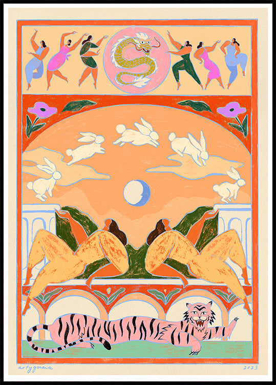 Poster di coniglio che salta sopra la luna