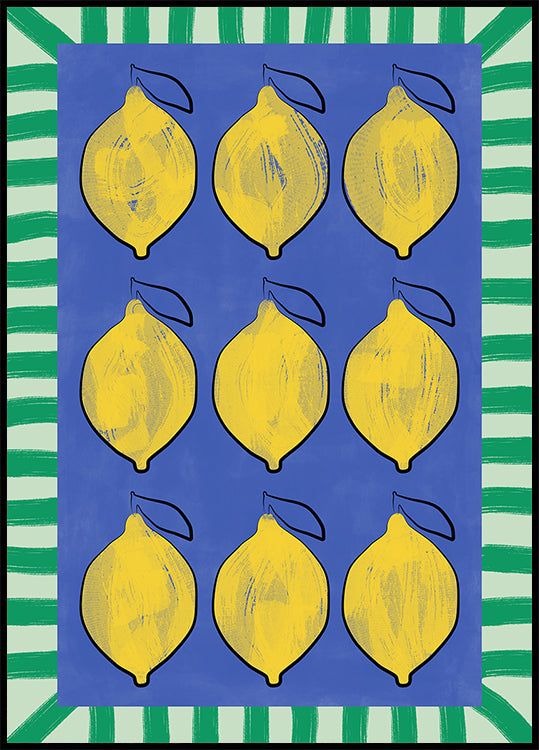 Limoni gialli vibranti su un poster blu intenso