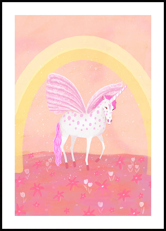 Un unicorno bianco con macchie rosa si trova su un campo di fiori rosa, con un arcobaleno dietro di esso.