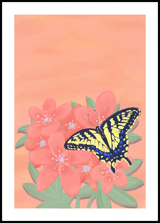 Una farfalla gialla e nera poggia su fiori rosa su uno sfondo color pesca.