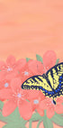 Una vivace illustrazione digitale di una farfalla con ali gialle e nere appollaiate su fiori rosa su uno sfondo color pesca.