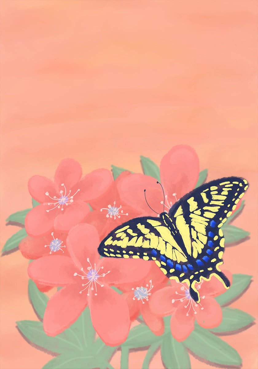 Una vivace illustrazione digitale di una farfalla con ali gialle e nere appollaiate su fiori rosa su uno sfondo color pesca.
