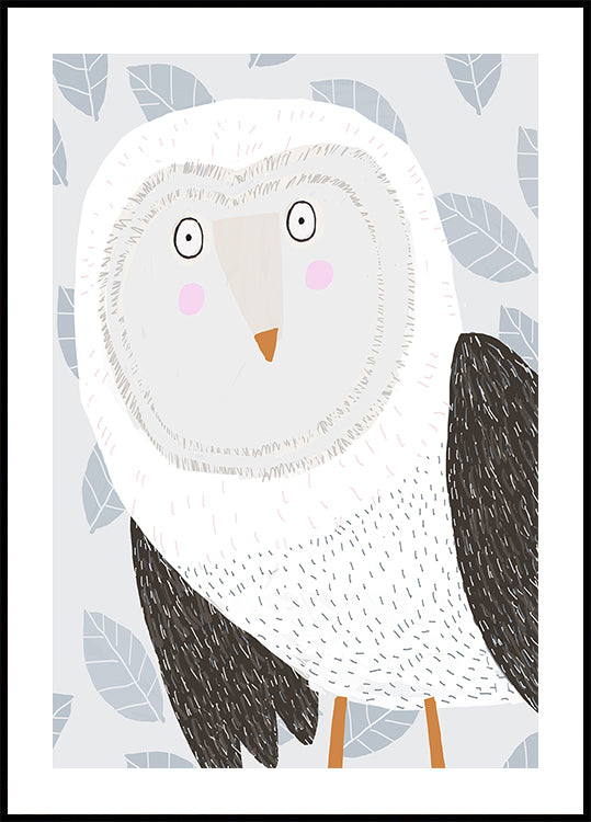 Funny Winter Owl with Grey Leaf Pattern by Artist Carla Daly Plakat - Posterbox
