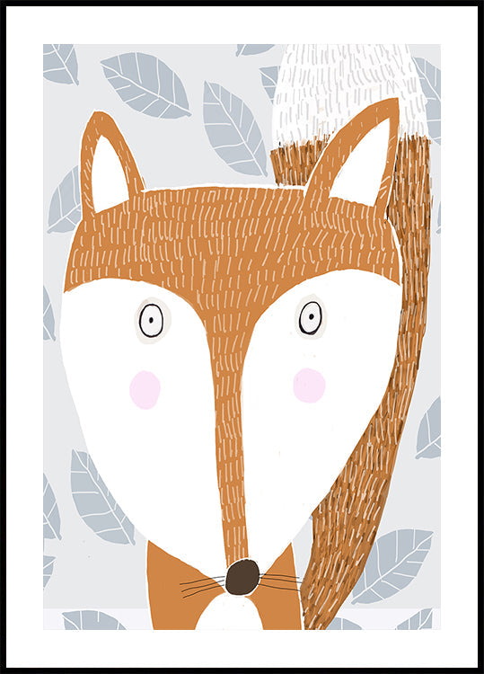 Cute Red Fox with Grey Leaf Pattern by Artist Carla Daly Plakat - Posterbox