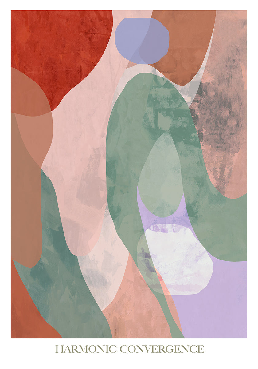 L'immagine è un'opera d'arte astratta con un'armoniosa convergenza di varie forme e colori, comprese le sfumature di rosso, verde, blu e viola.