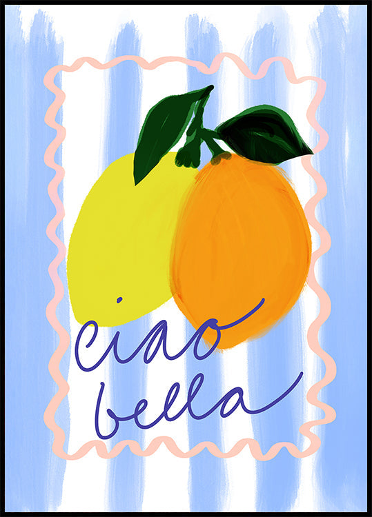 una vivace illustrazione di due limoni e un'arancia, con la frase "ciao bella" scritta in corsivo sotto di essi.
