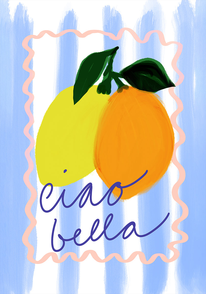una vivace illustrazione di due limoni e un'arancia, con la frase "ciao bella" scritta in corsivo sotto di essi.