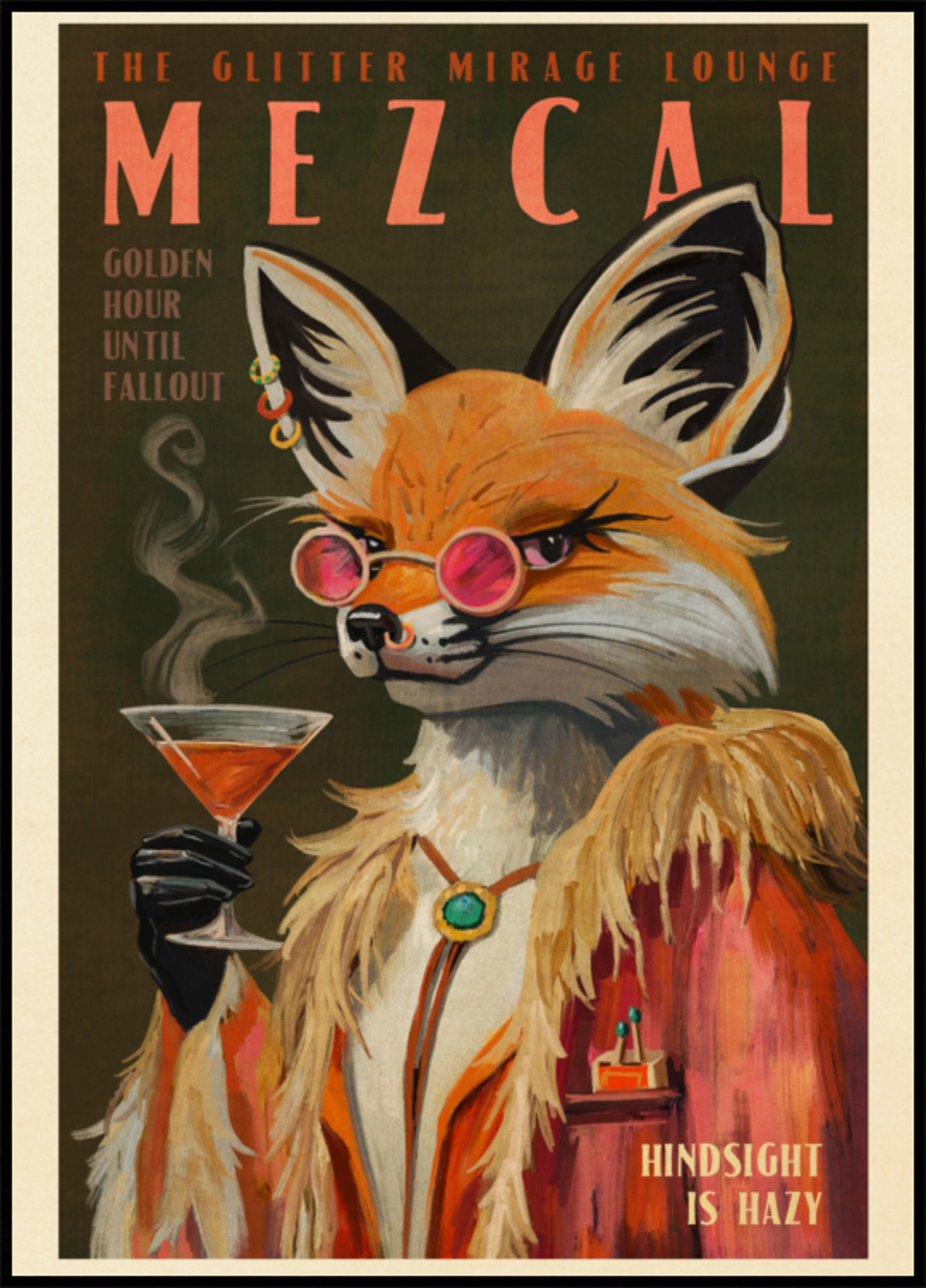 Stampa volpe Mezcal. Poster vintage di alcolici e decorazioni per cocktail