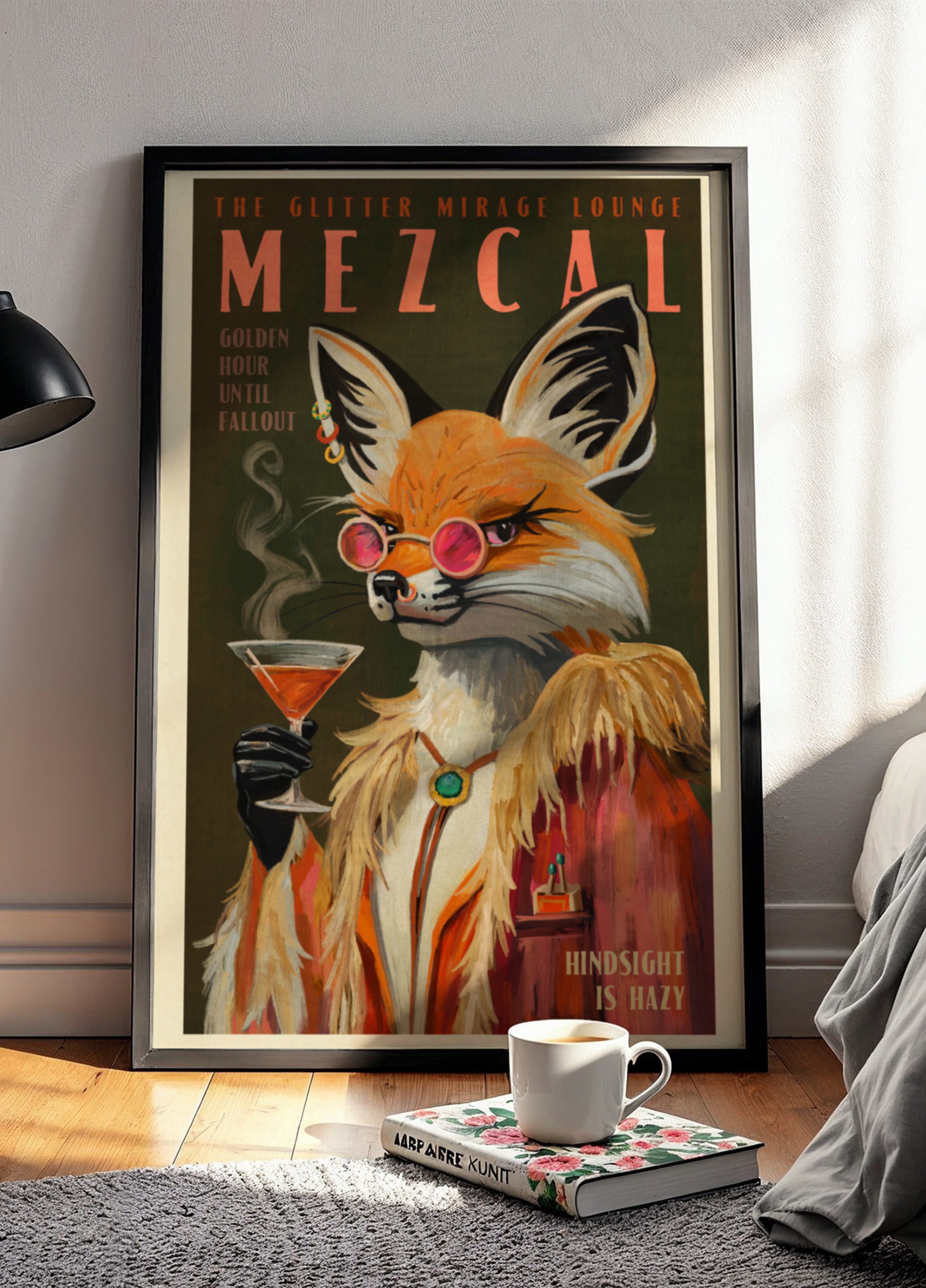 Stampa volpe Mezcal. Poster vintage di alcolici e decorazioni per cocktail