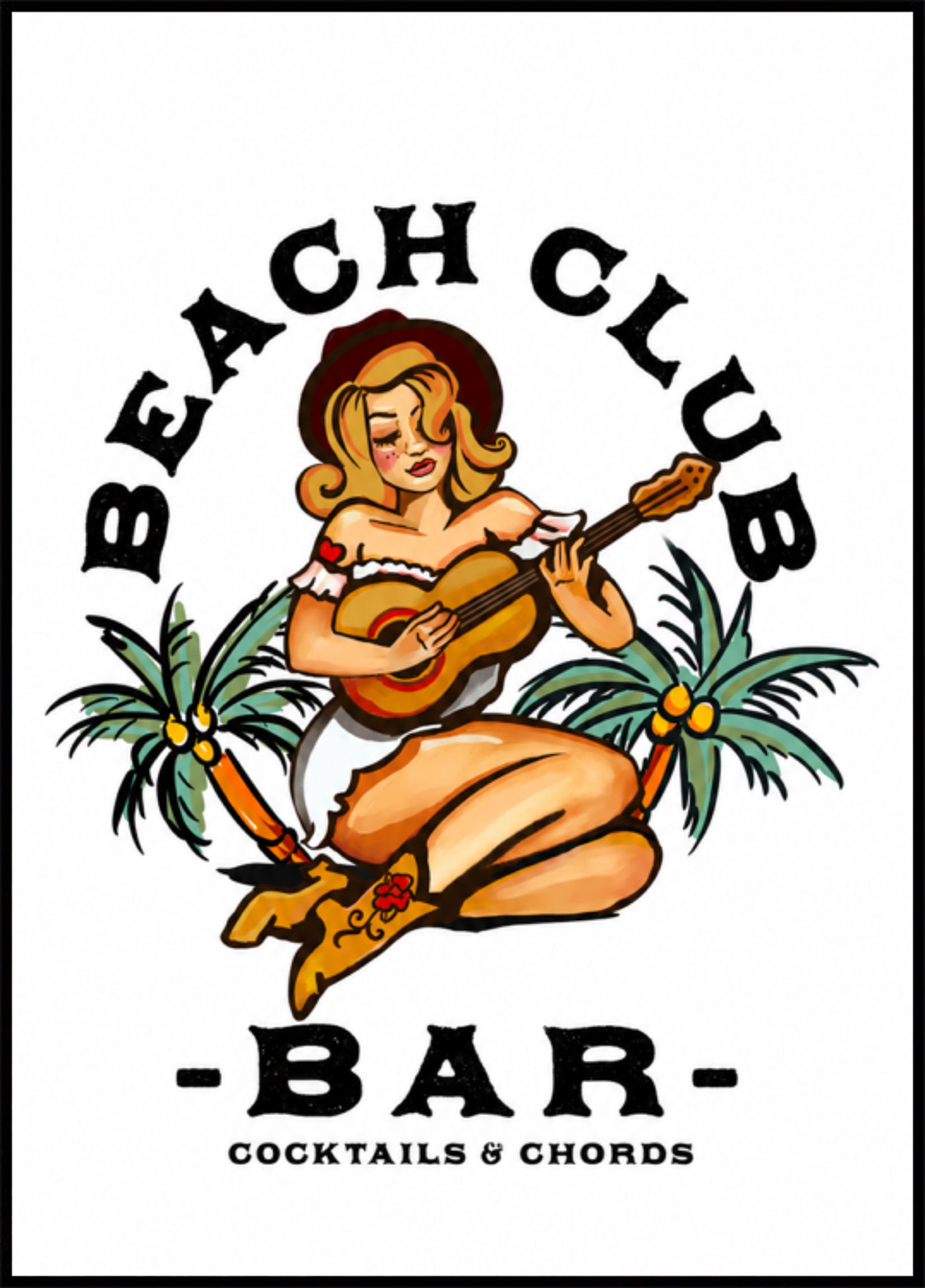 Bar del club sulla spiaggia. Ragazza pin-up in stile Sailor Jerry che suona la chitarra