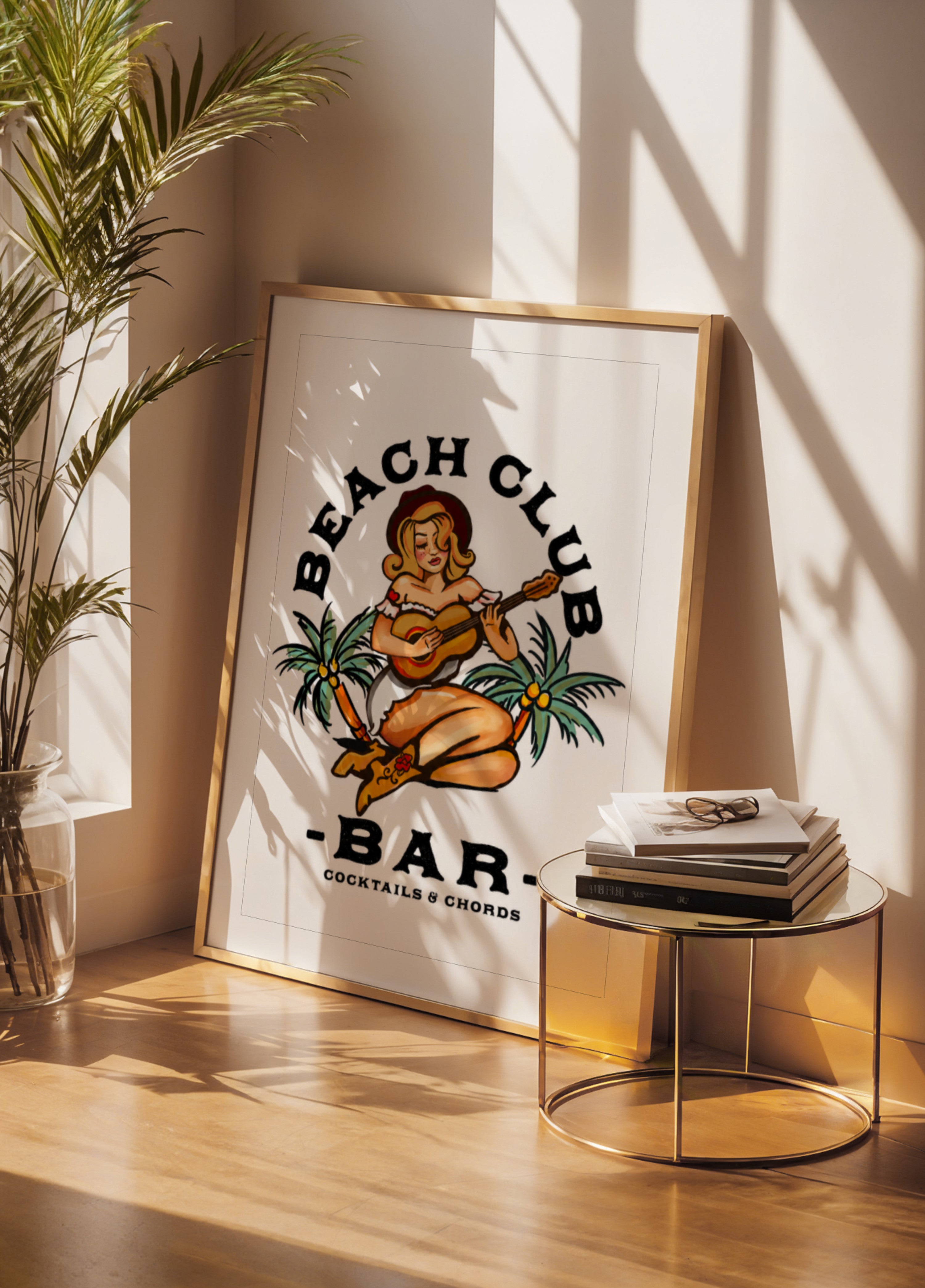 Bar del club sulla spiaggia. Ragazza pin-up in stile Sailor Jerry che suona la chitarra