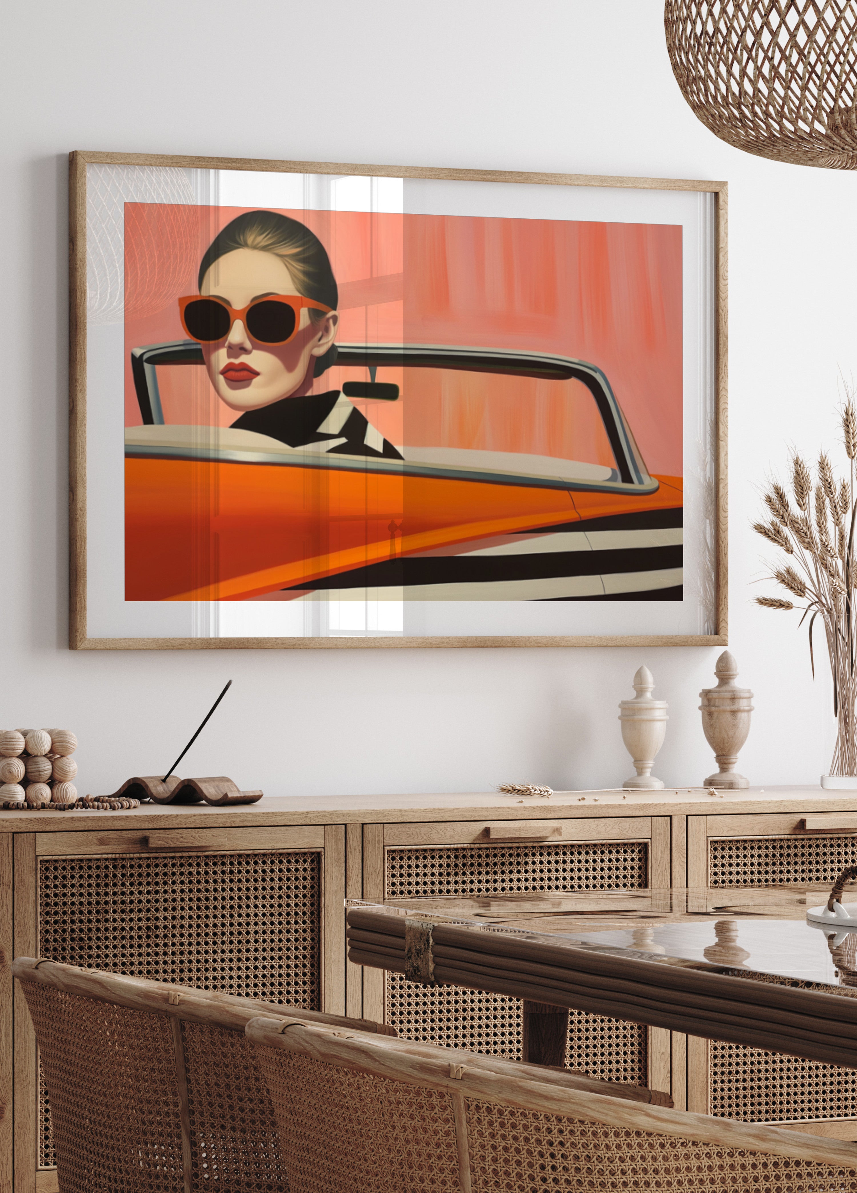 Automobile arancione della donna alla moda